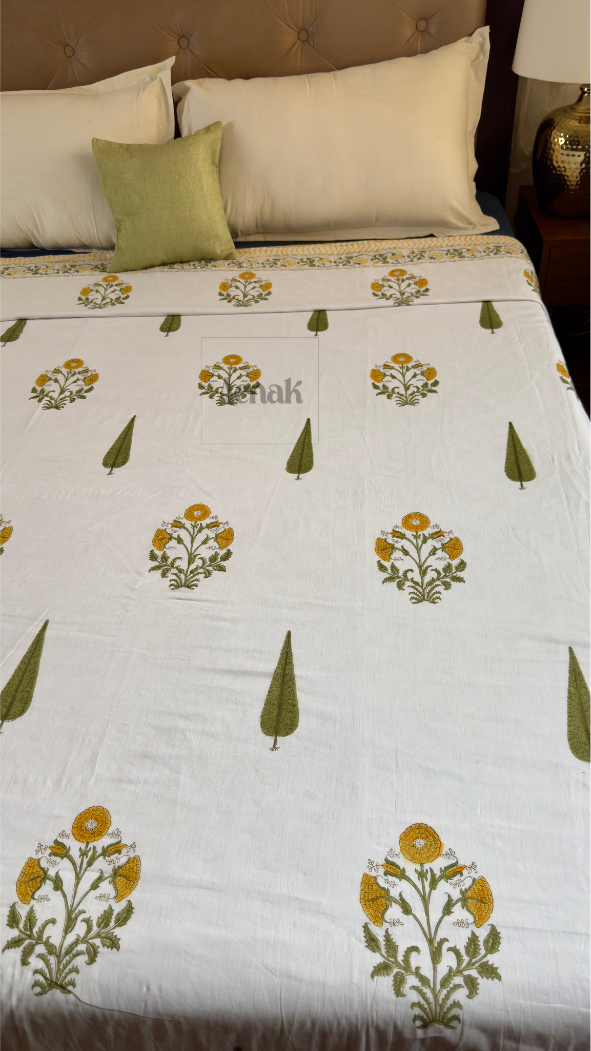 Yellow Marigold Handblock Printed Mulmul Cotton Reversible Dohar