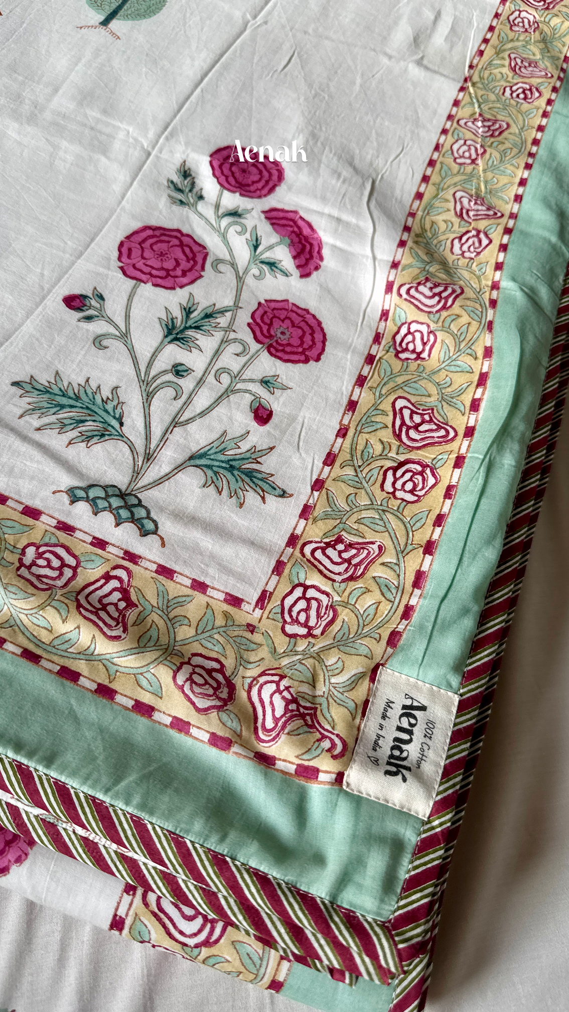 Magenta Floral Garden Handblock Printed Mulmul Cotton Reversible Dohar (Ivory Base)