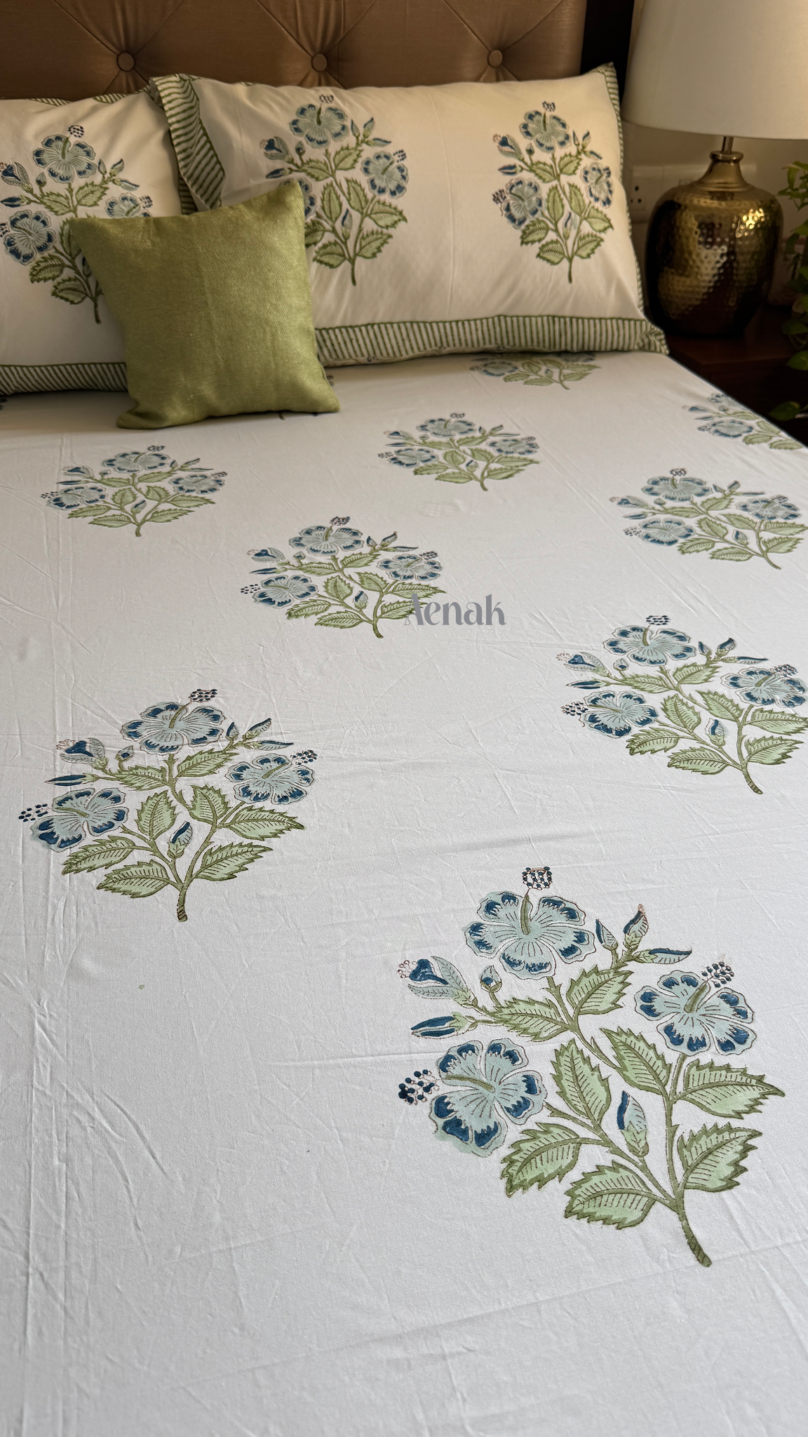 Blue Hibiscus Handblock Printed Premium Cotton Bedsheet