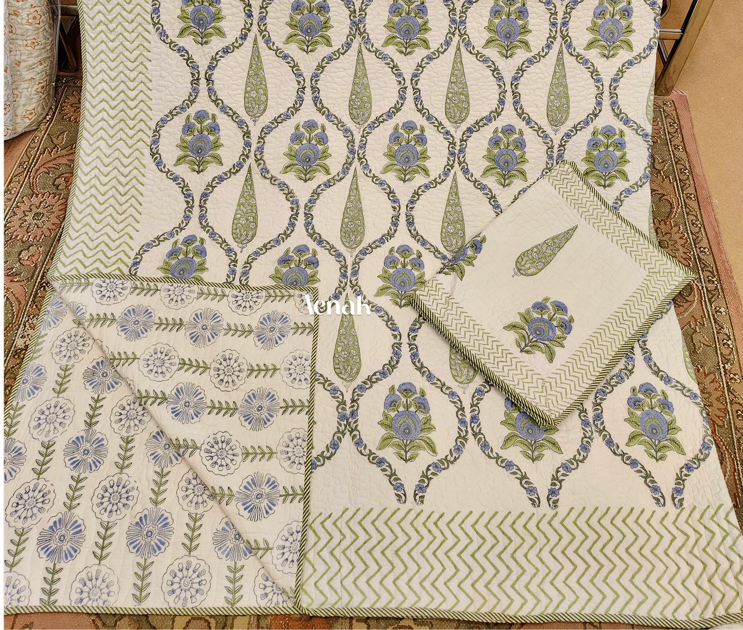 Blue Green Cypress Jaal Handblock Printed Reversible Quilted Cotton Bedcover Set - 105x108
