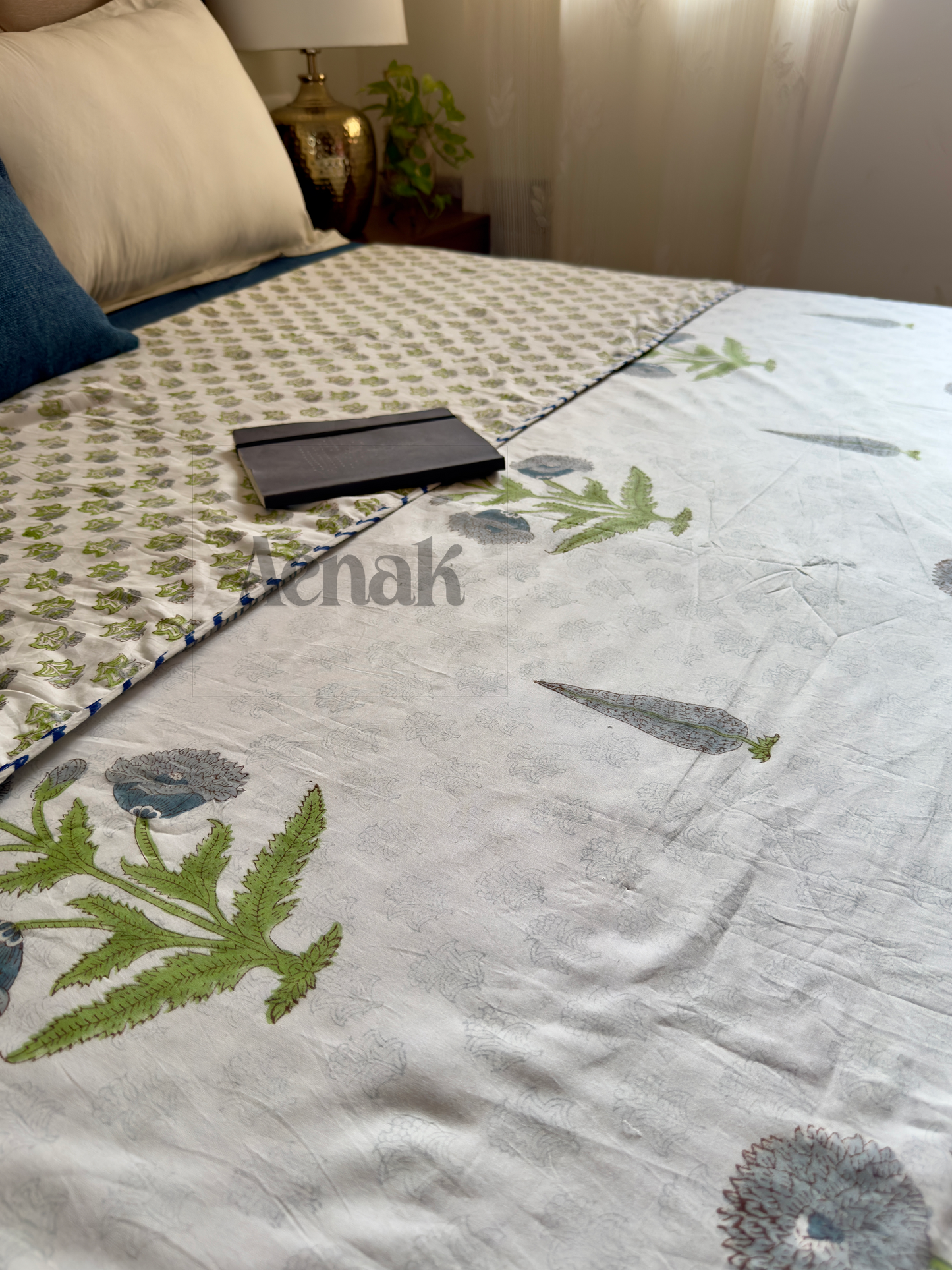Blue Dahlia Handblock Mulmul Cotton Reversible Dohar