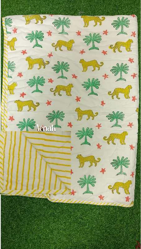 Yellow Leopard Handblock Printed Reversible Mulmul Cotton Blanket
