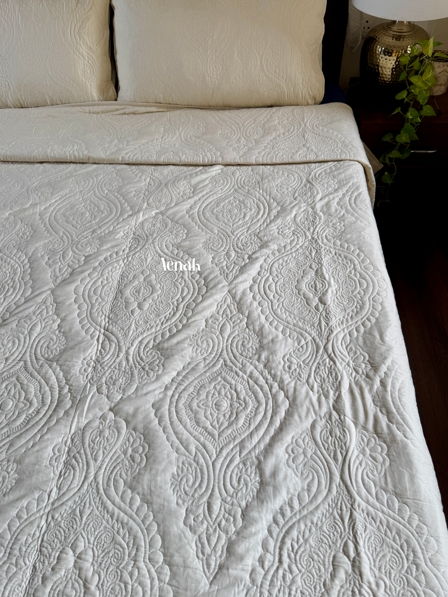 Beige Embossed Paani Jaal Quilted Bedcover Set (Non-White Base)