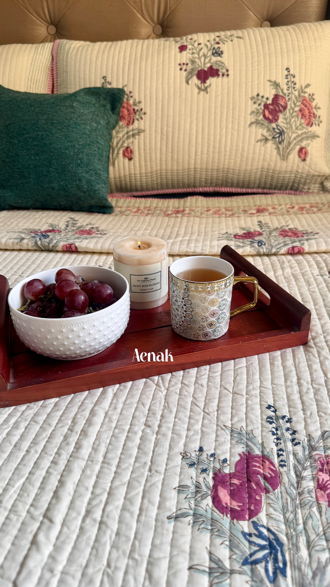 Burgundy Anaar Handblock Printed Reversible Straight Quilted Bedcover Set (Beige Base)