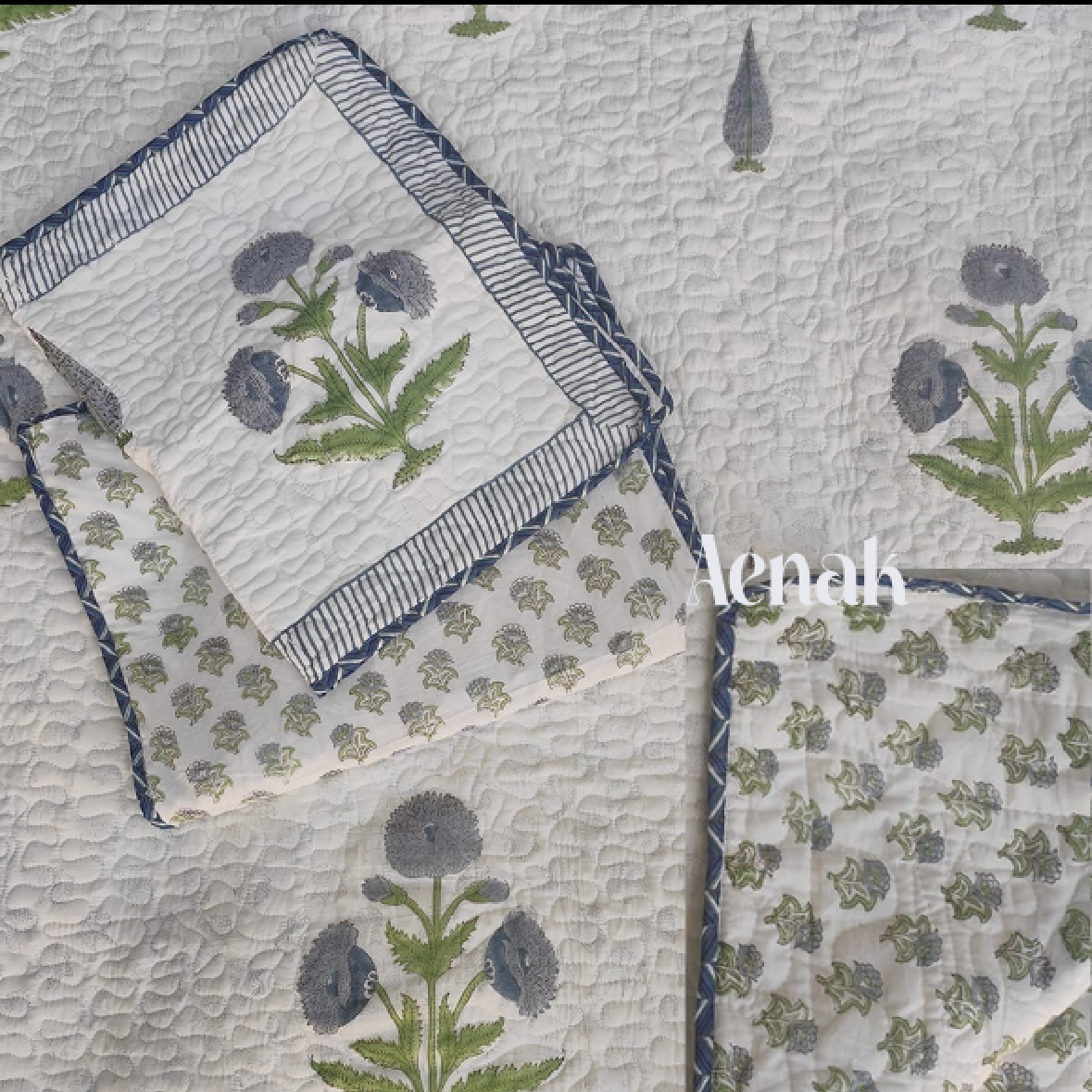 Blue Dahlia Handblock Printed Reversible Quilted Bedcover