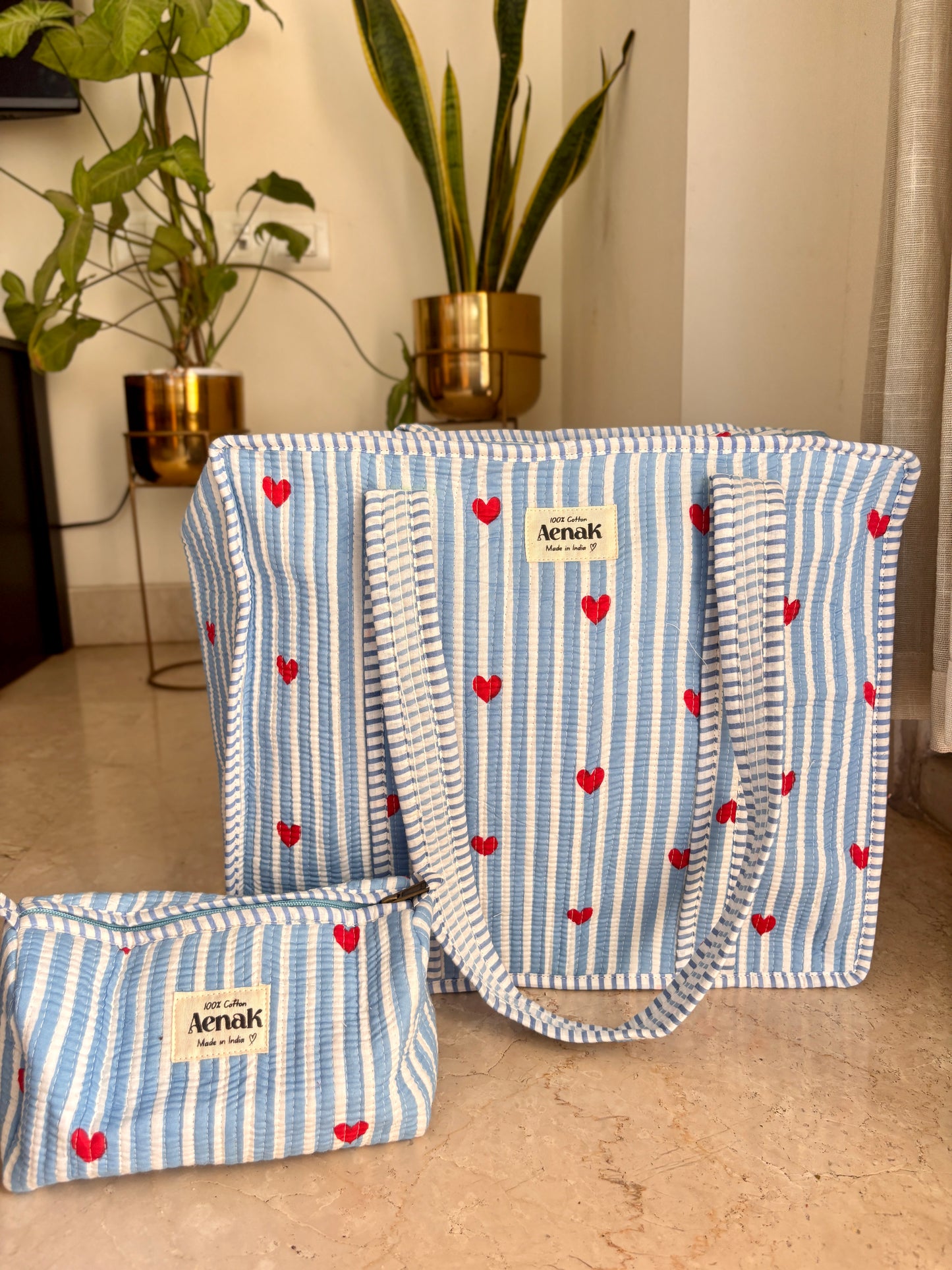 Blue Little Heart Quilted Cotton Travel Bag + Vanity Pouch