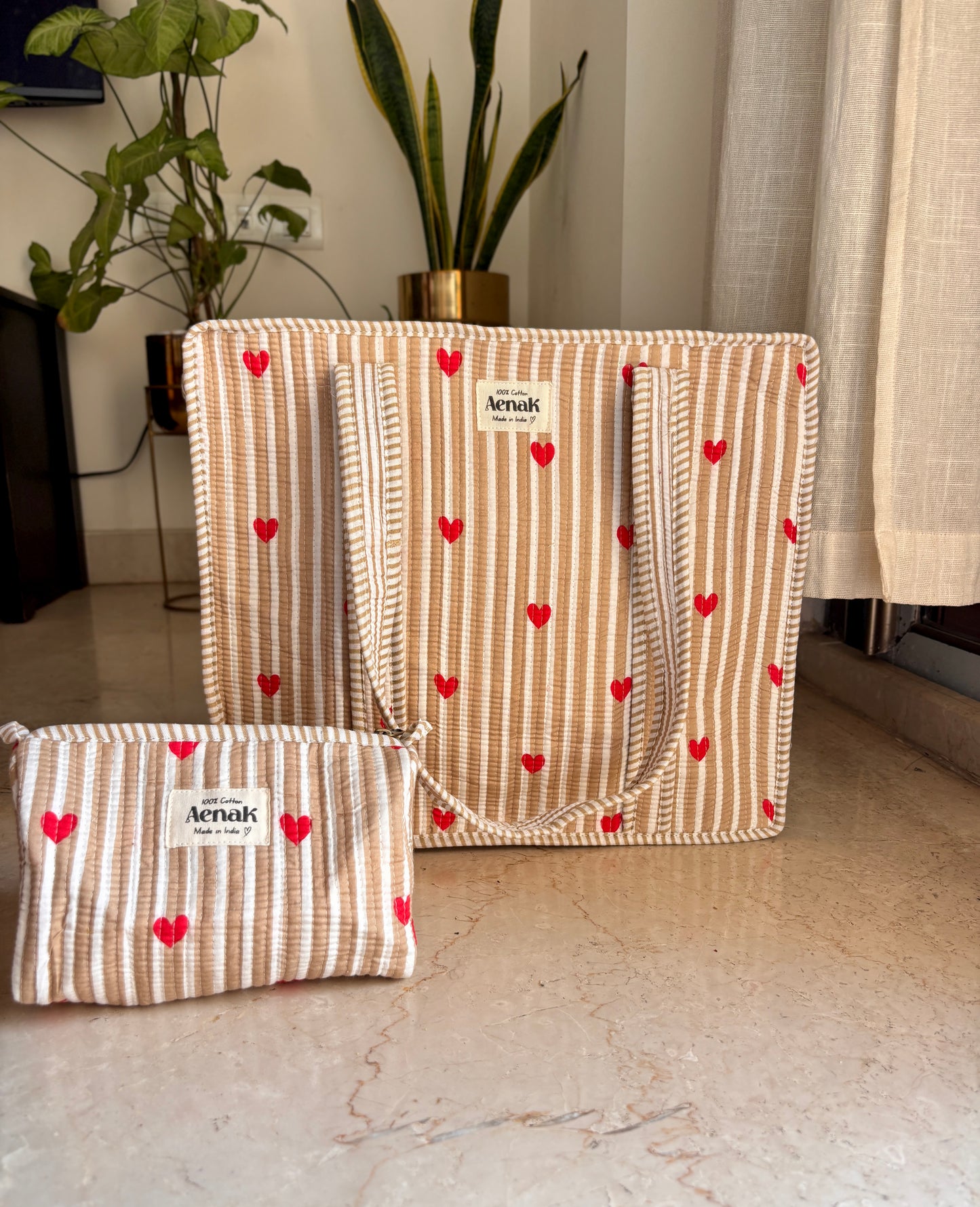 Light Brown Little Heart Quilted Cotton Travel Bag + Vanity Pouch