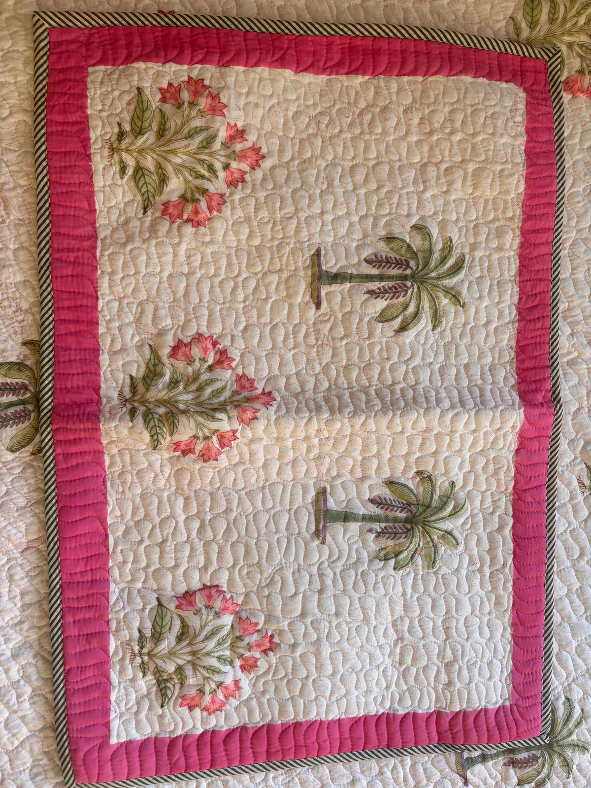Pink Royal Palm Handblock Reversible Quilted Cotton Bedcover