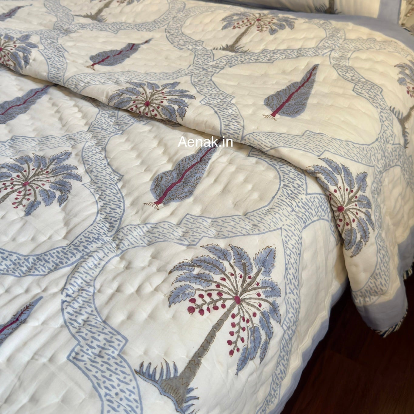 Blue Palm Jaal Handblock Reversible Mulmul Cotton Quilt
