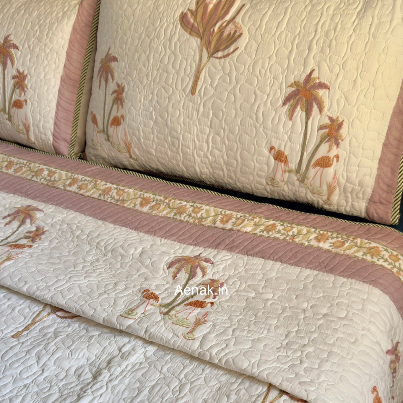 Dusty Palm Handblock Reversible Quilted Bedcover Set – Aenak