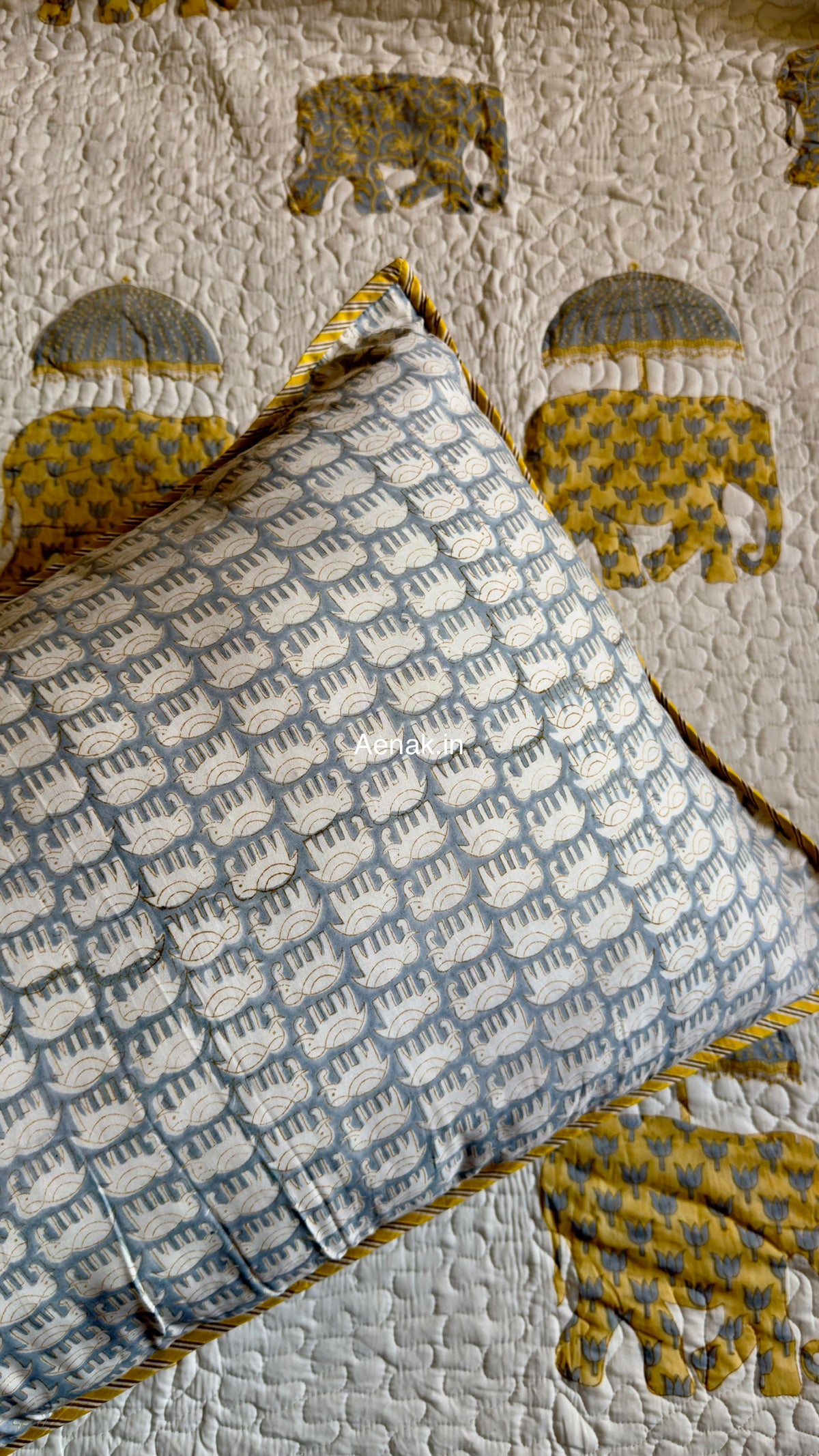 Yellow Elephant Handblock Reversible Quilted Bedcover