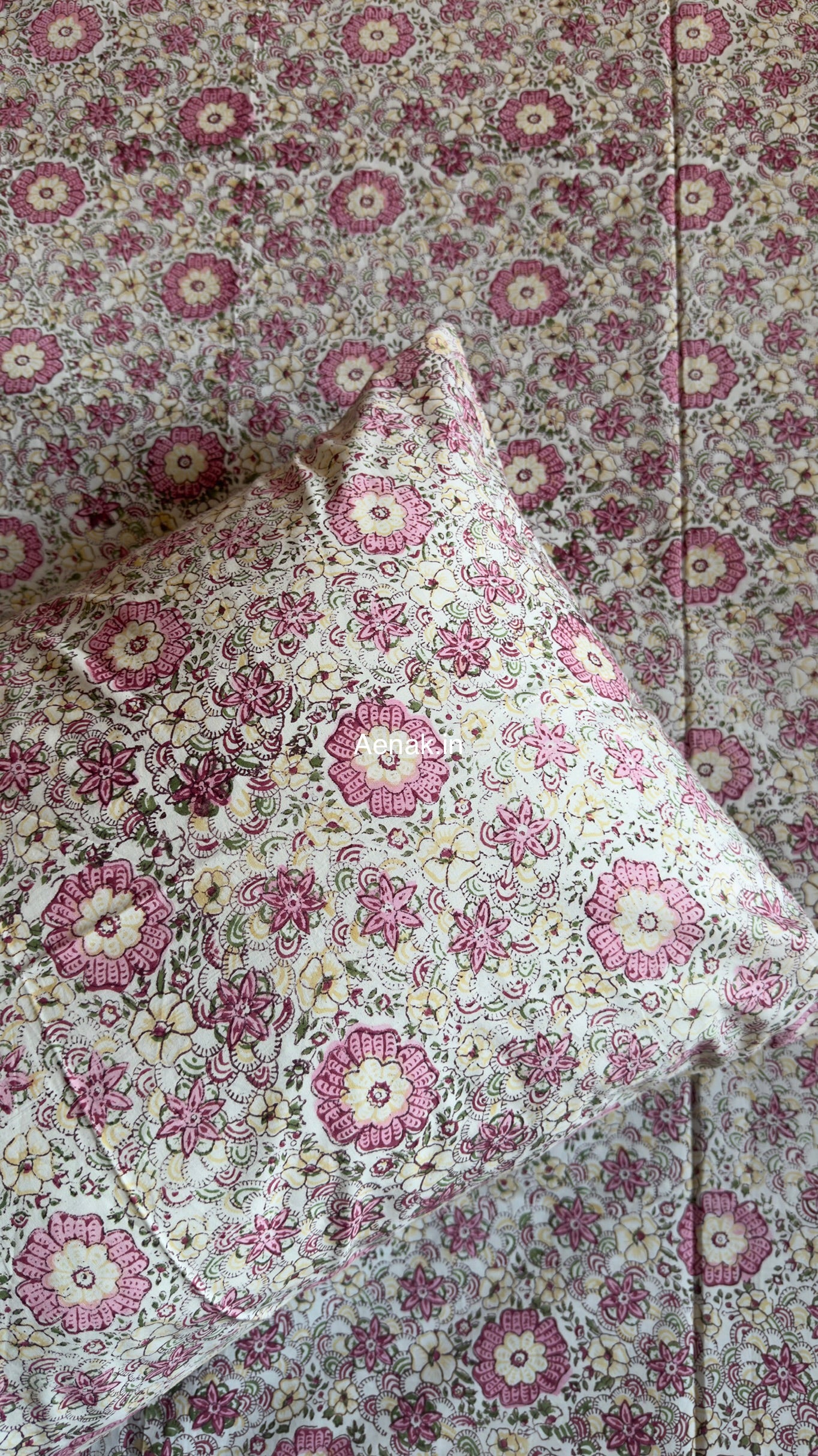 Pink Floral Garden Handblock Premium Cotton Bedsheet Set