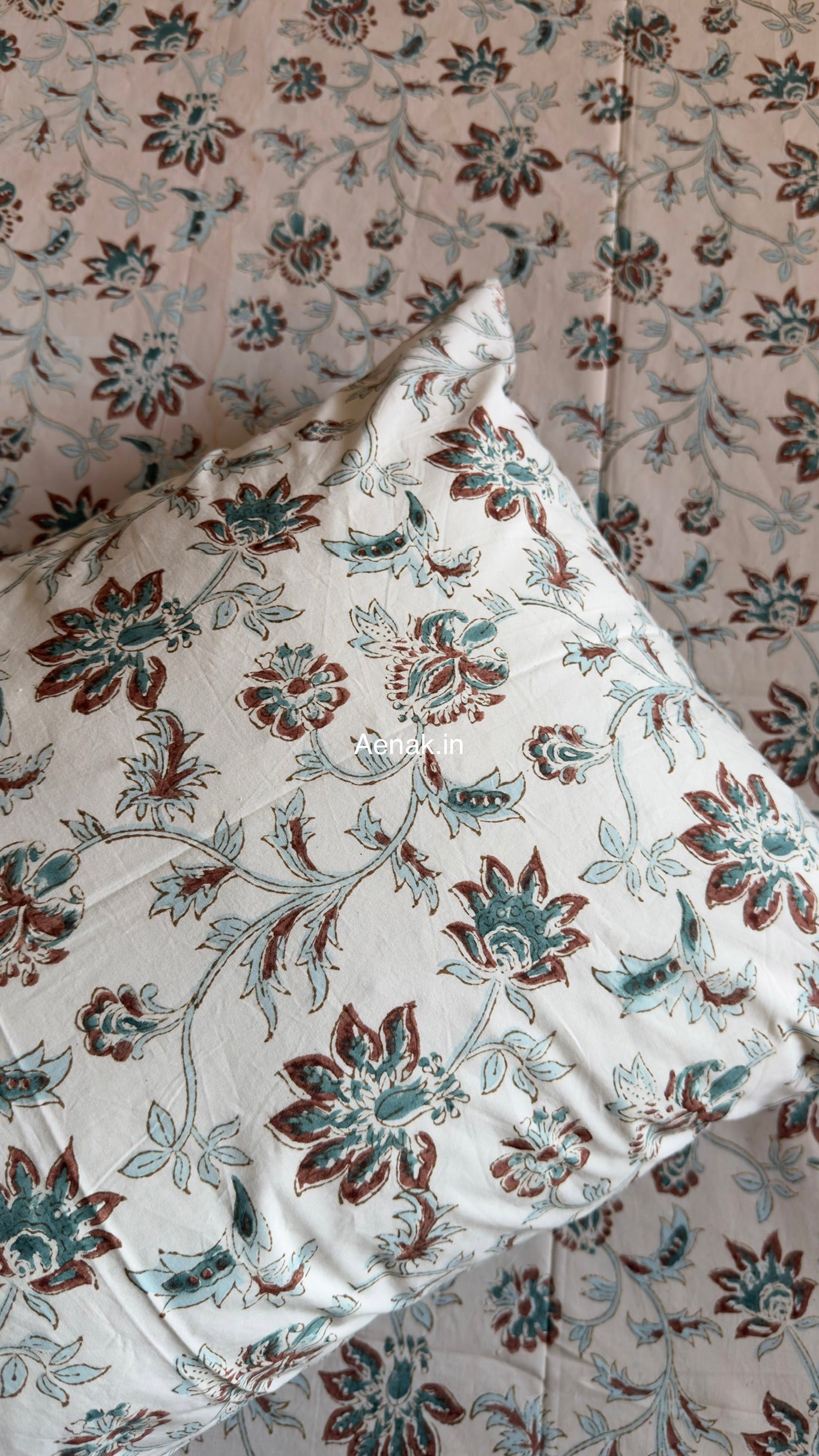Brown Peach Floral Jaal Handblock Premium Cotton Bedsheet Set