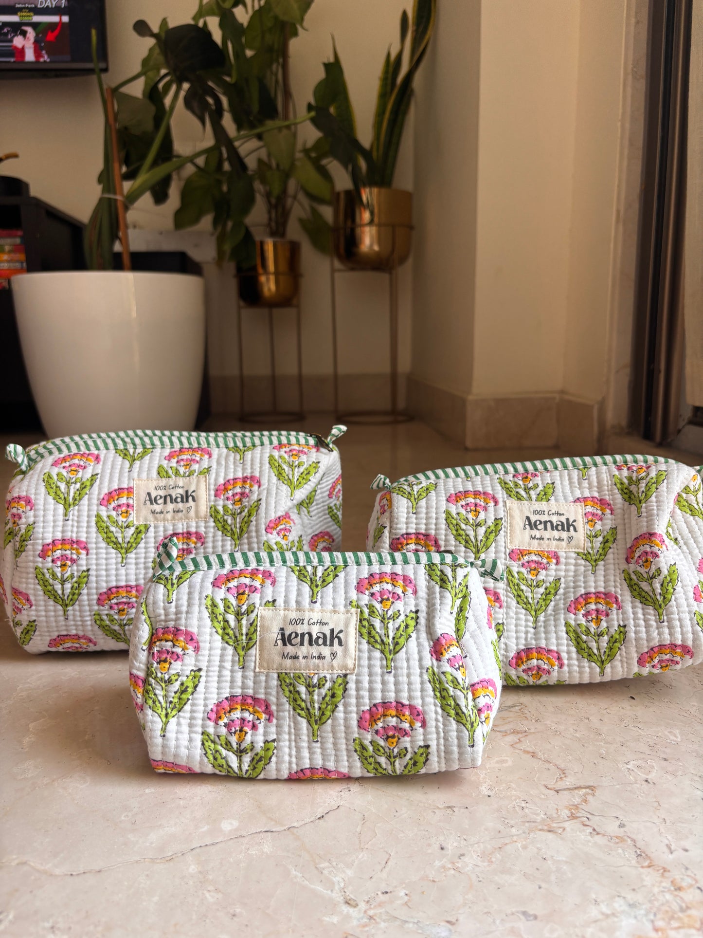 White Floral Garden Quilted Vanity Pouches-Set of 3