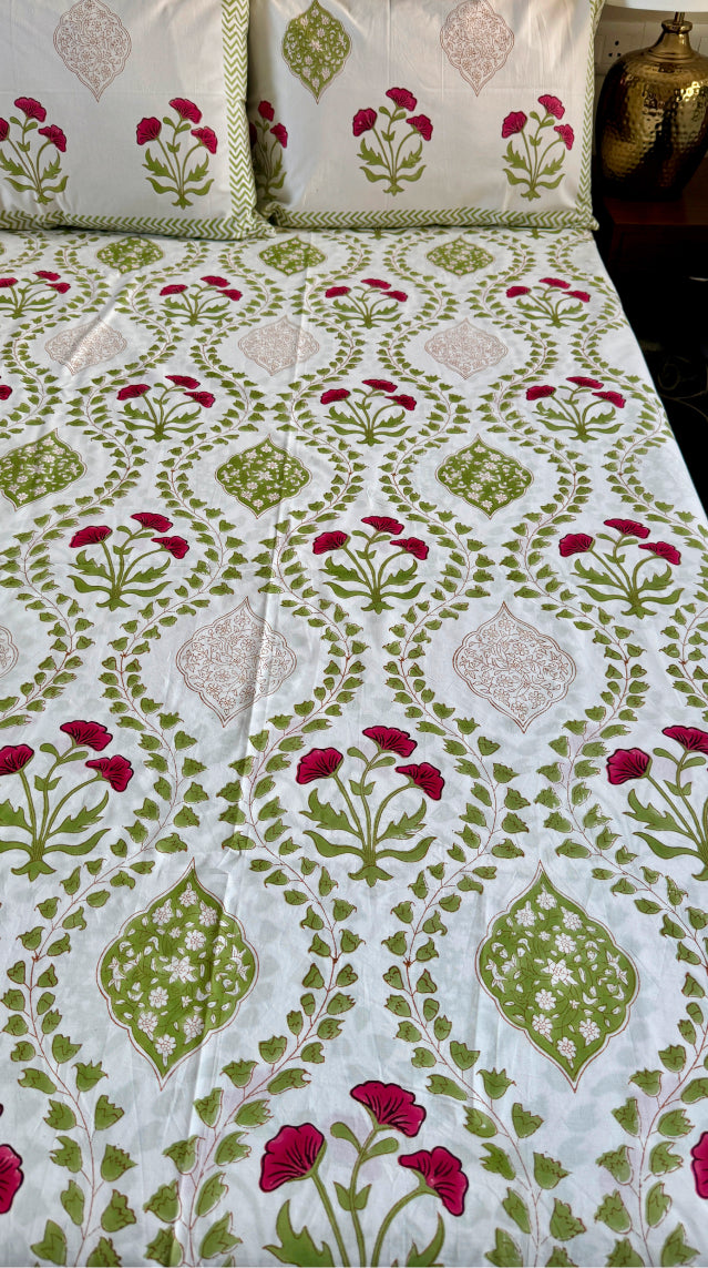 Red Poppy Jaal Handblock Premium Cotton Bedsheet Set