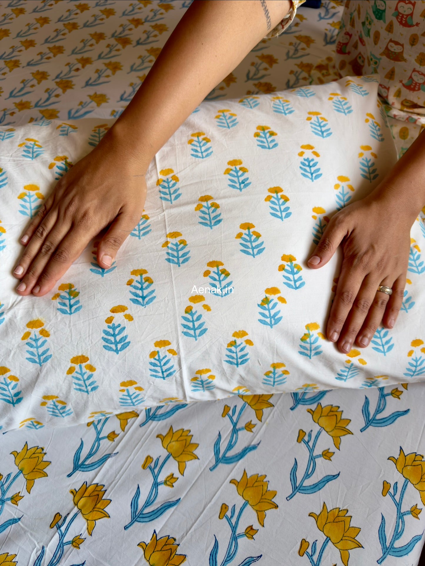 Yellow Blue Lotus Handblock Premium Cotton Bedsheet Set