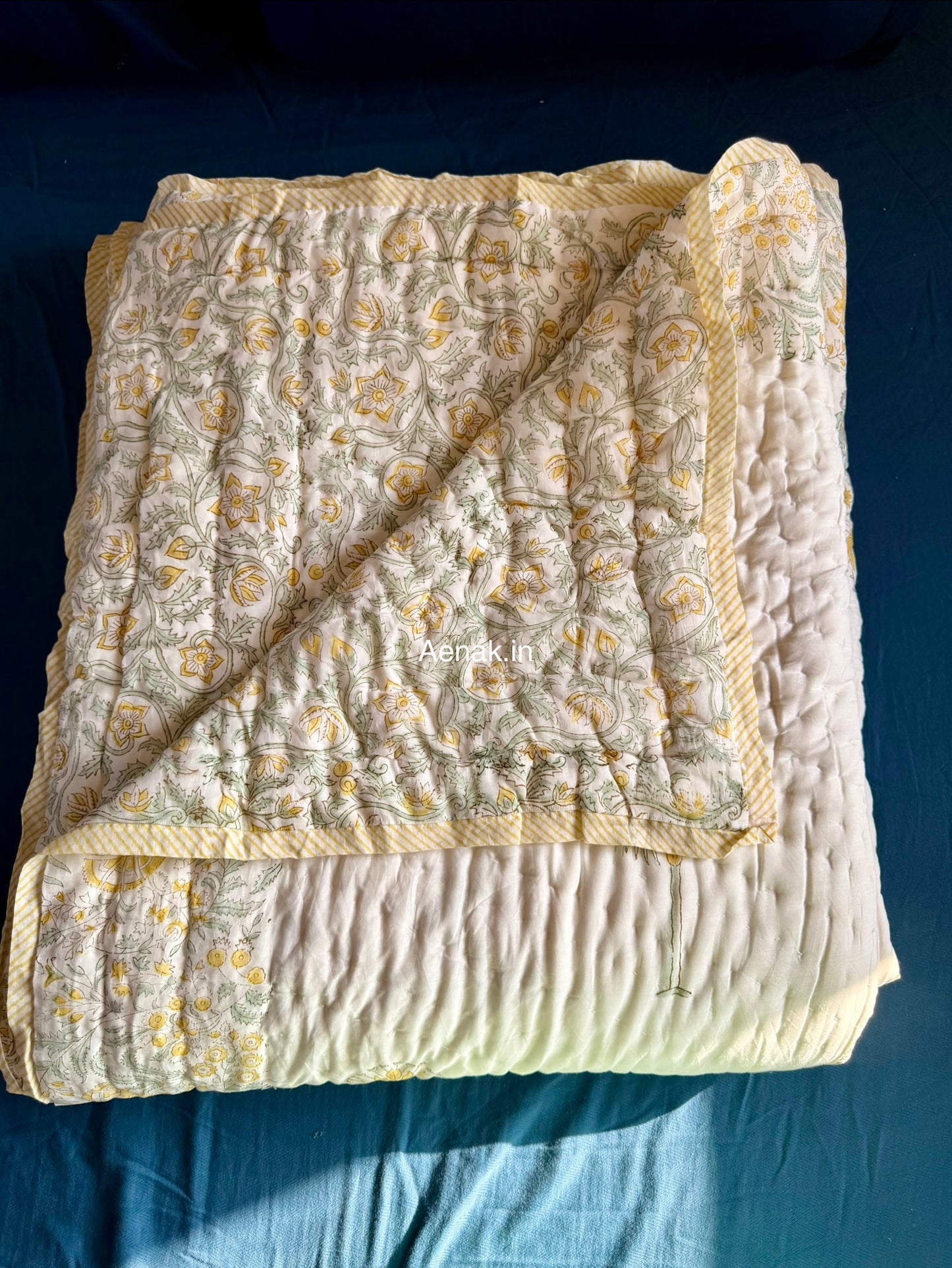 Yellow Blossom Handblock Reversible Mulmul Cotton Quilt