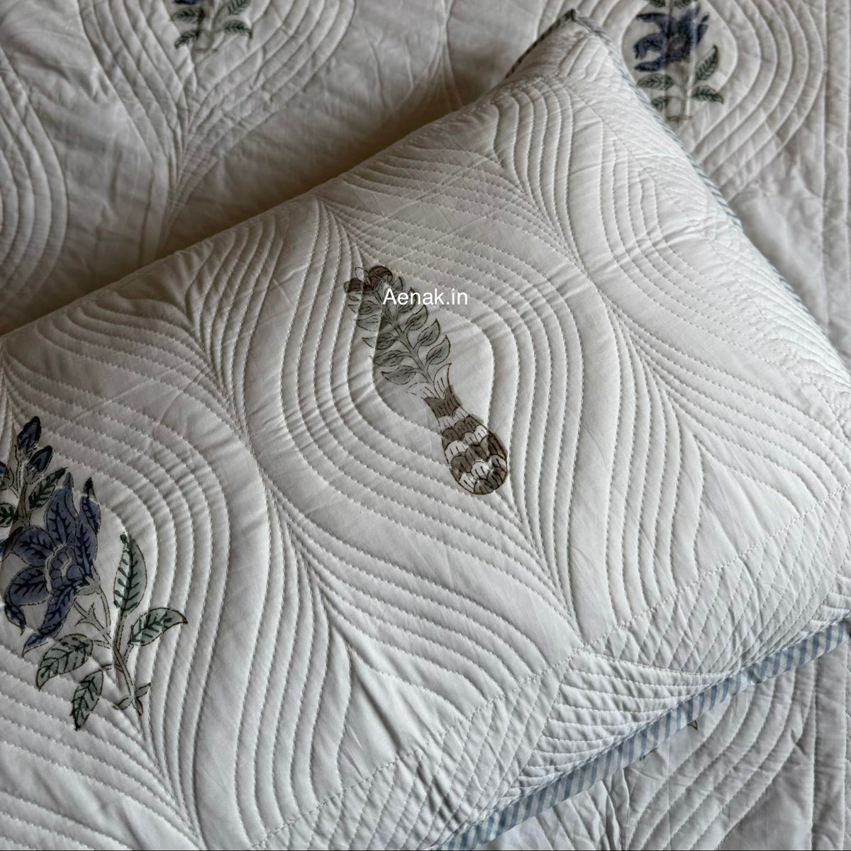 Blue Floral Embossed Quilted Handblock Bedcover