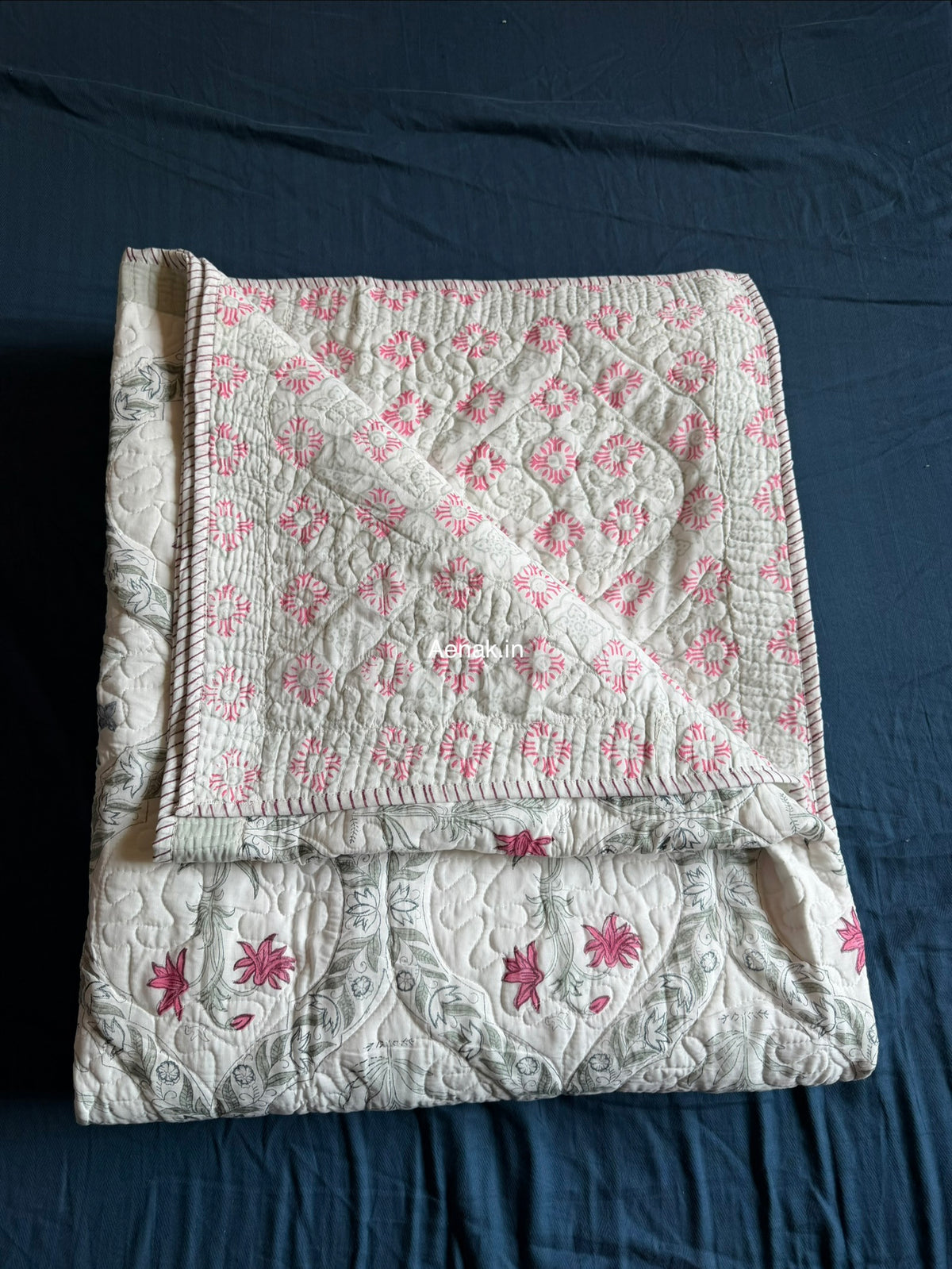 Pink Blue Floral Jaal Quilted Handblock Bedcover