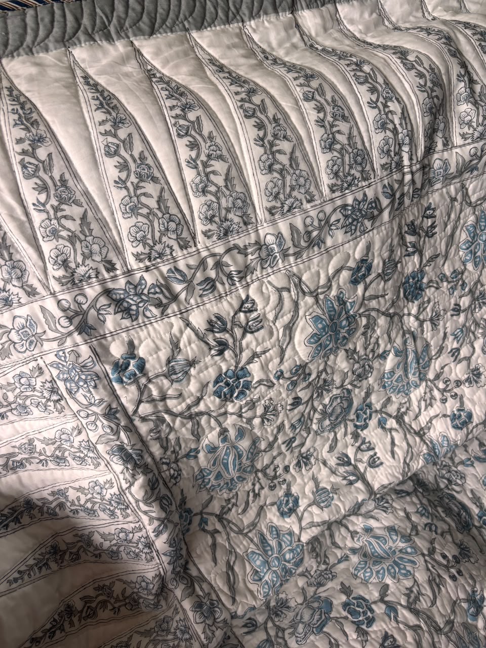 Blue Floral Jaal Handblock Printed Reversible Quilted Cotton Bedcover Set-106x108