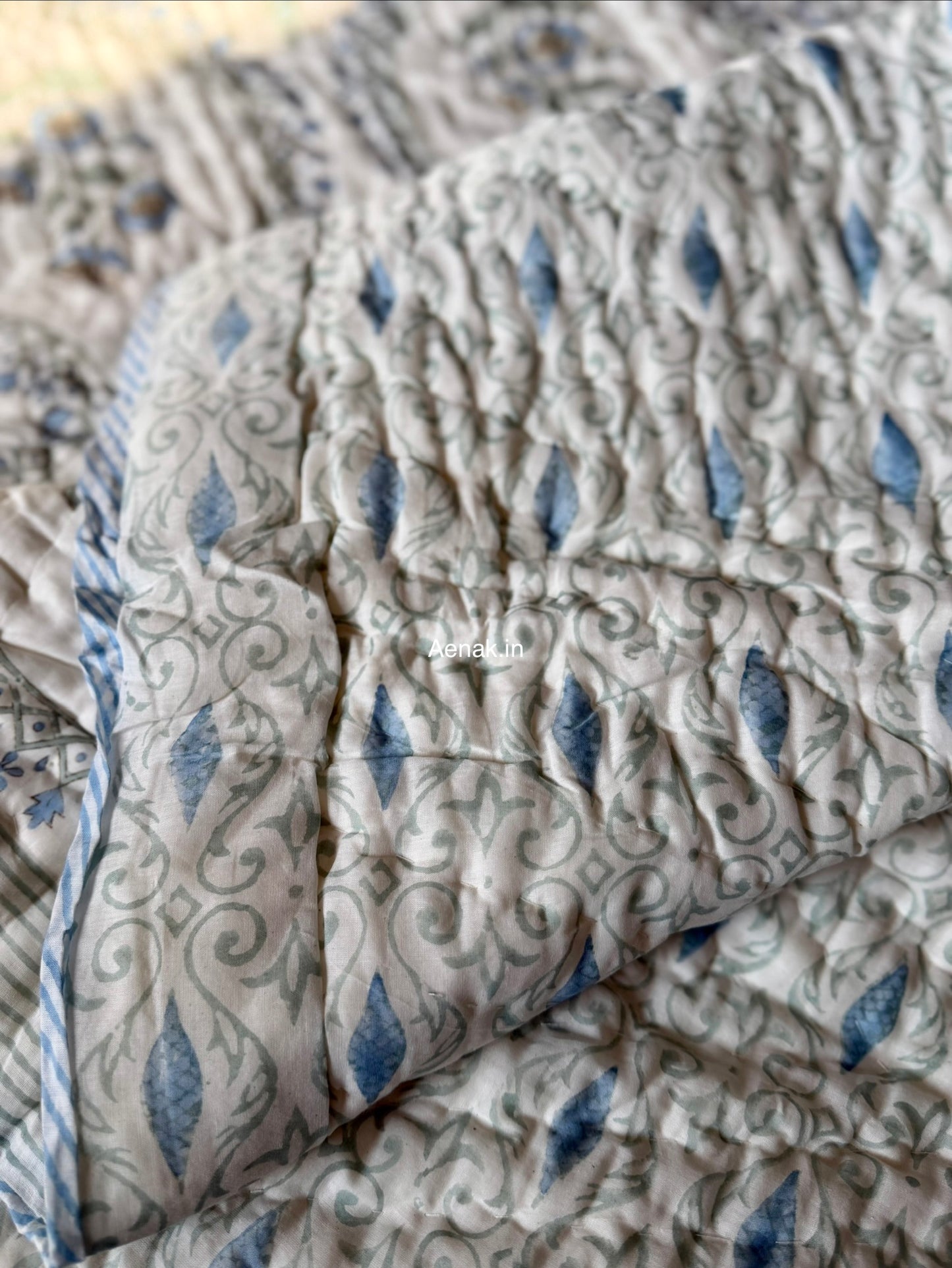 Blue Periwinkle Jaal Handblock Reversible Mulmul Cotton Quilt