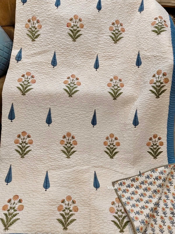 Yellow Marigold Blue Cypress Handblock Printed Reversible Quilted Bedcover -105 x108