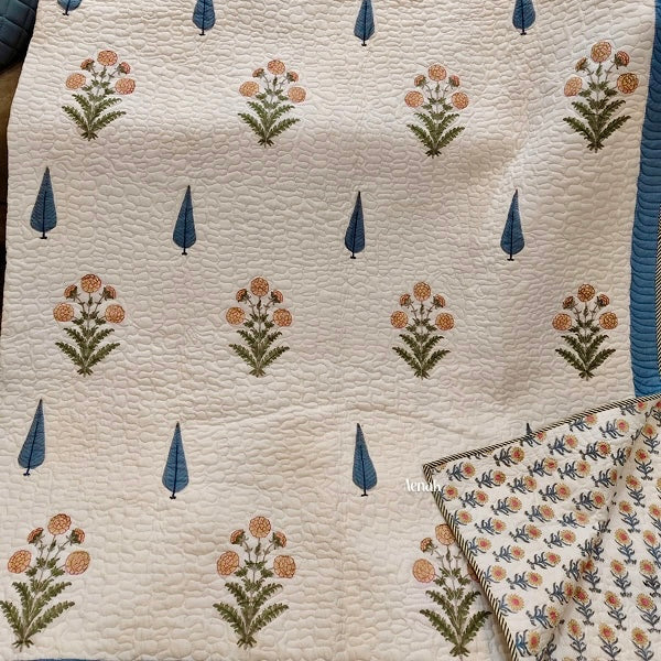 Yellow Marigold Blue Cypress Handblock Printed Reversible Quilted Bedcover -105 x108