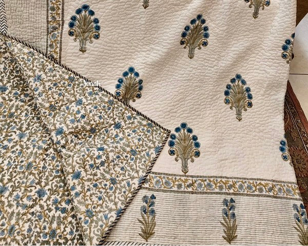 Blue Phool Guldasta Handblock Printed Reversible Quilted Bedcover Set -105 x108