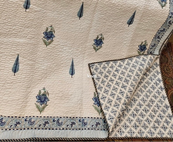 Blue Cypress Boota Handblock Printed Reversible Quilted Bedcover -105 x108