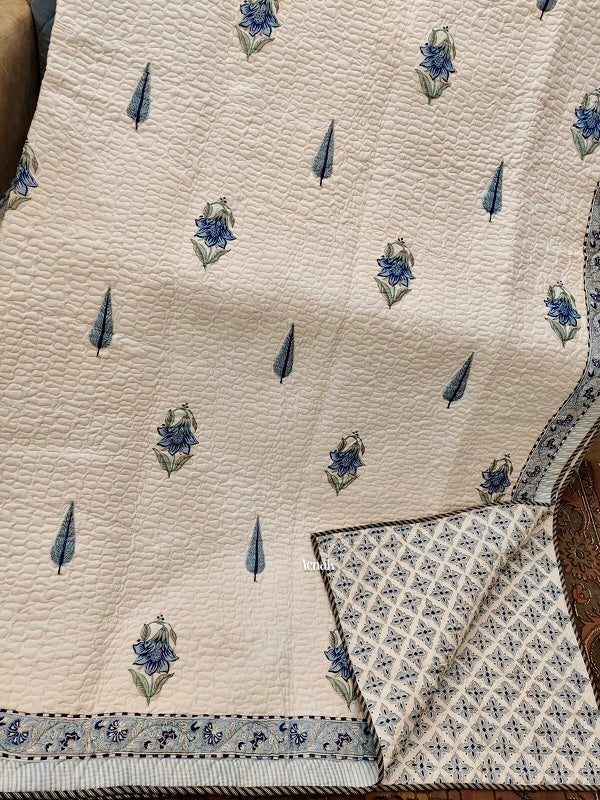 Blue Cypress Boota Handblock Printed Reversible Quilted Bedcover -105 x108