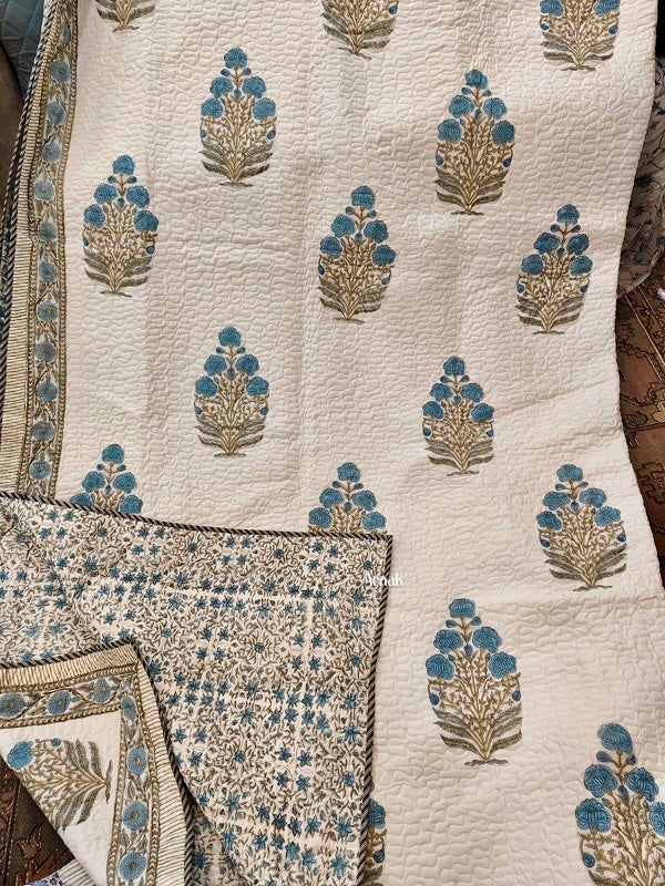 Blue Phool Boota Handblock Printed Reversible Quilted Bedcover -105 x108
