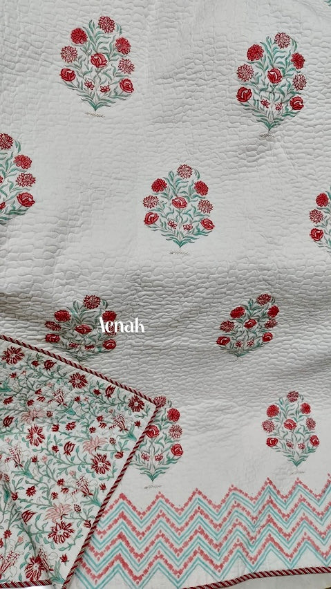 Red Phool Guldasta Handblock Printed Reversible Quilted Bedcover -105 x108