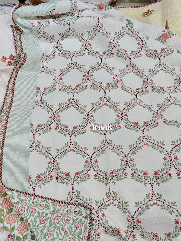 Red Jaal Handblock Printed Reversible Quilted Bedcover -105 x108