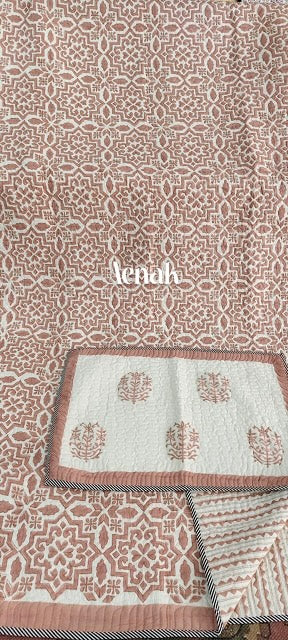 Peachish Brown Jaal Handblock Printed Reversible Quilted Bedcover -105 x108