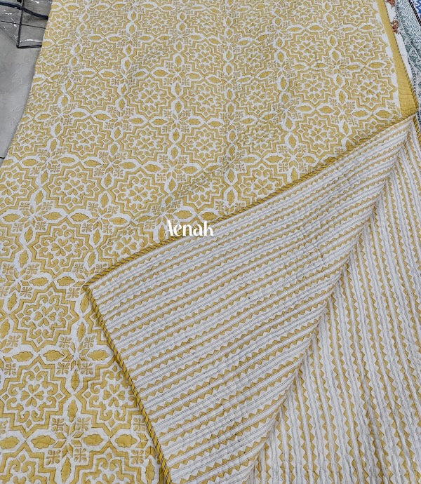 Yellow Jaal Handblock Printed Reversible Quilted Bedcover -105 x108