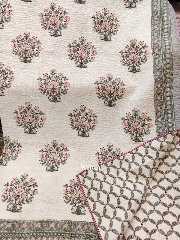 Big Floral Boota Handblock Printed Reversible Quilted Bedcover -105 x108