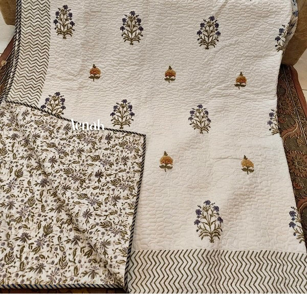 Yellow & Blue Floral Handblock Printed Reversible Quilted Bedcover -105 x108