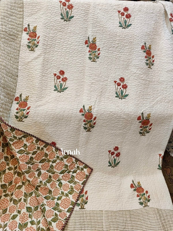 Orange Marigold Handblock Printed Reversible Quilted Bedcover -105 x108