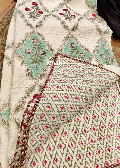 Green Diamond Handblock Printed Reversible Quilted Bedcover -105 x108