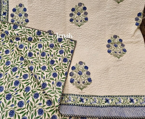 Blue Floral Garden Handblock Printed Reversible Quilted Bedcover Set -105 x108