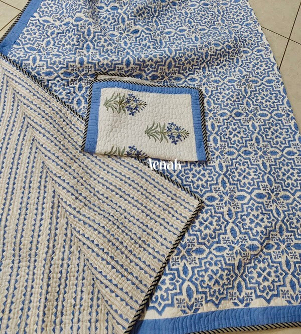 Blue Jaal Handblock Printed Reversible Quilted Bedcover -105 x108
