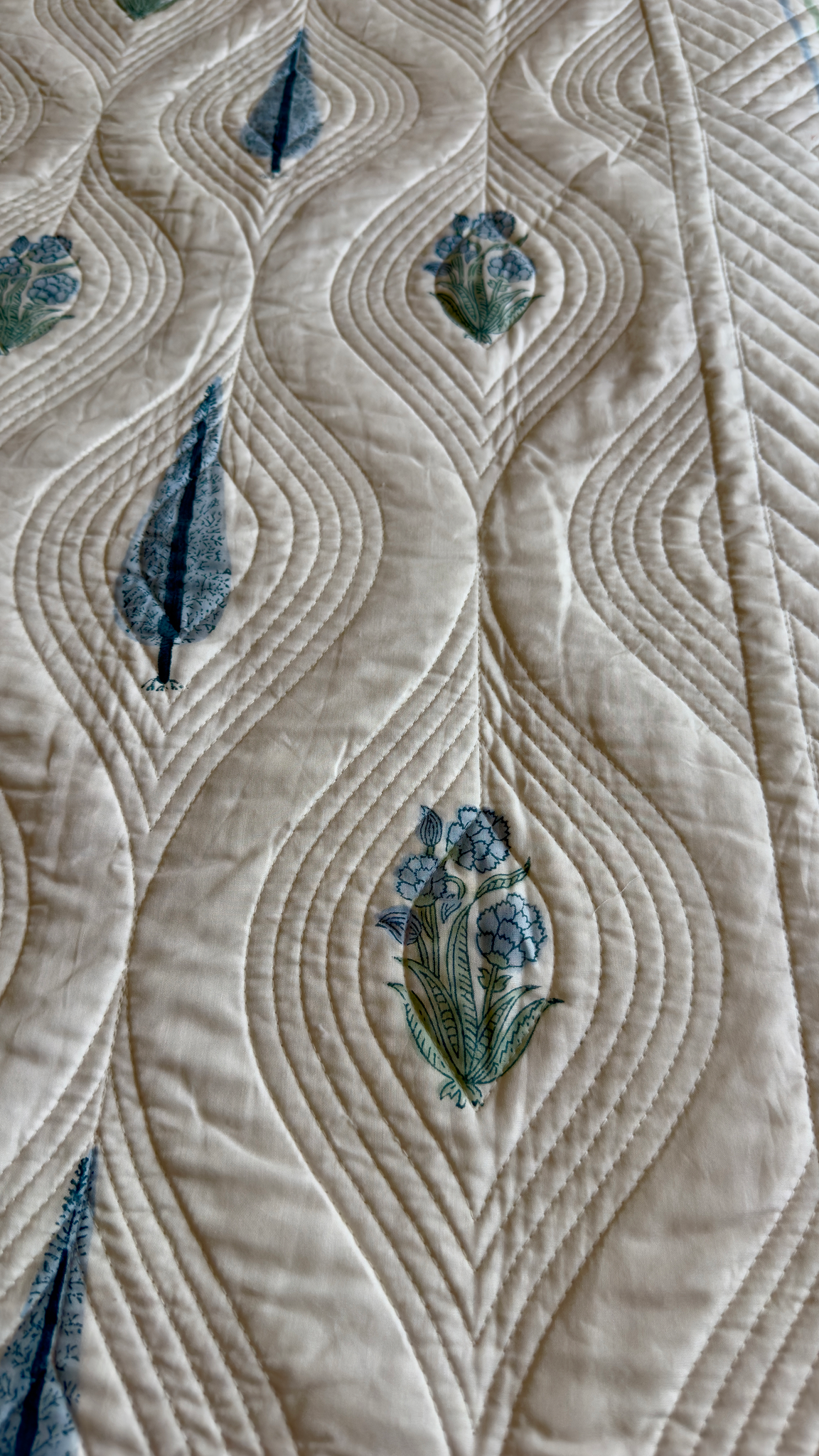 White Embossed Handblock Printed Quilted Bedcover