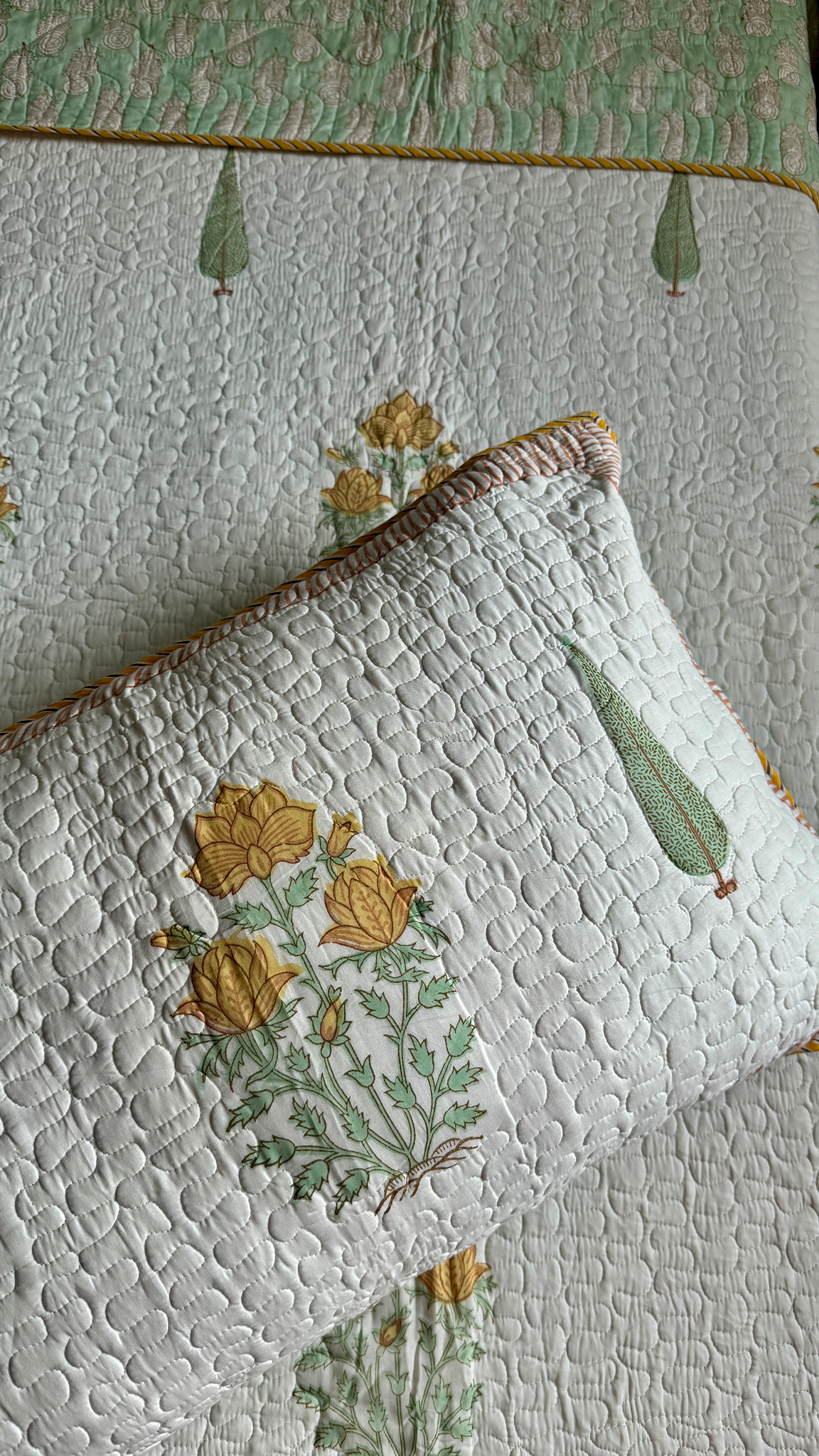 Yellow Green Marigold Handblock Printed Reversible Quilted Cotton Bedcover- 105x108