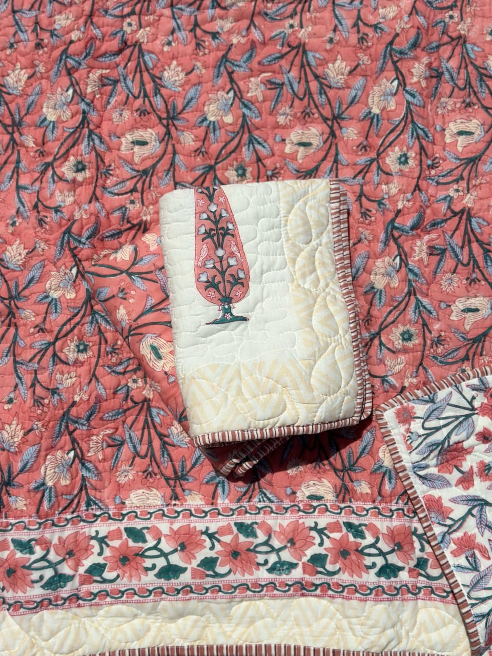 Dark Peach Handblock Reversible Quilted Cotton Bedcover Set