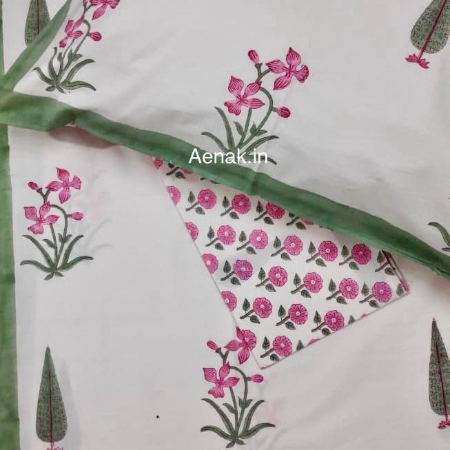 Aenak organic percale cotton bedsheet in pink and green handblock print