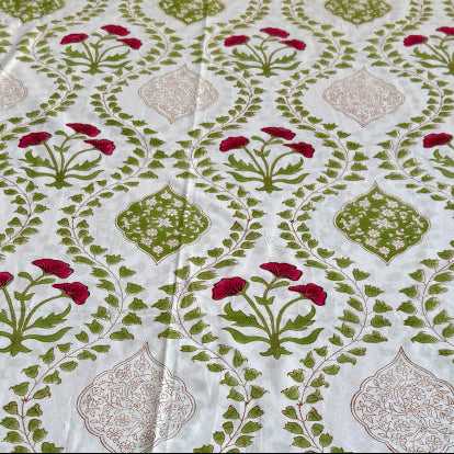 Green and red 300 TC premium cotton bedsheet with handblock prints by Aenak