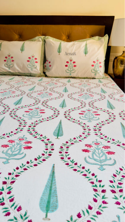 Teal Green Jaal Handblock Bedsheet + Dohar Combo