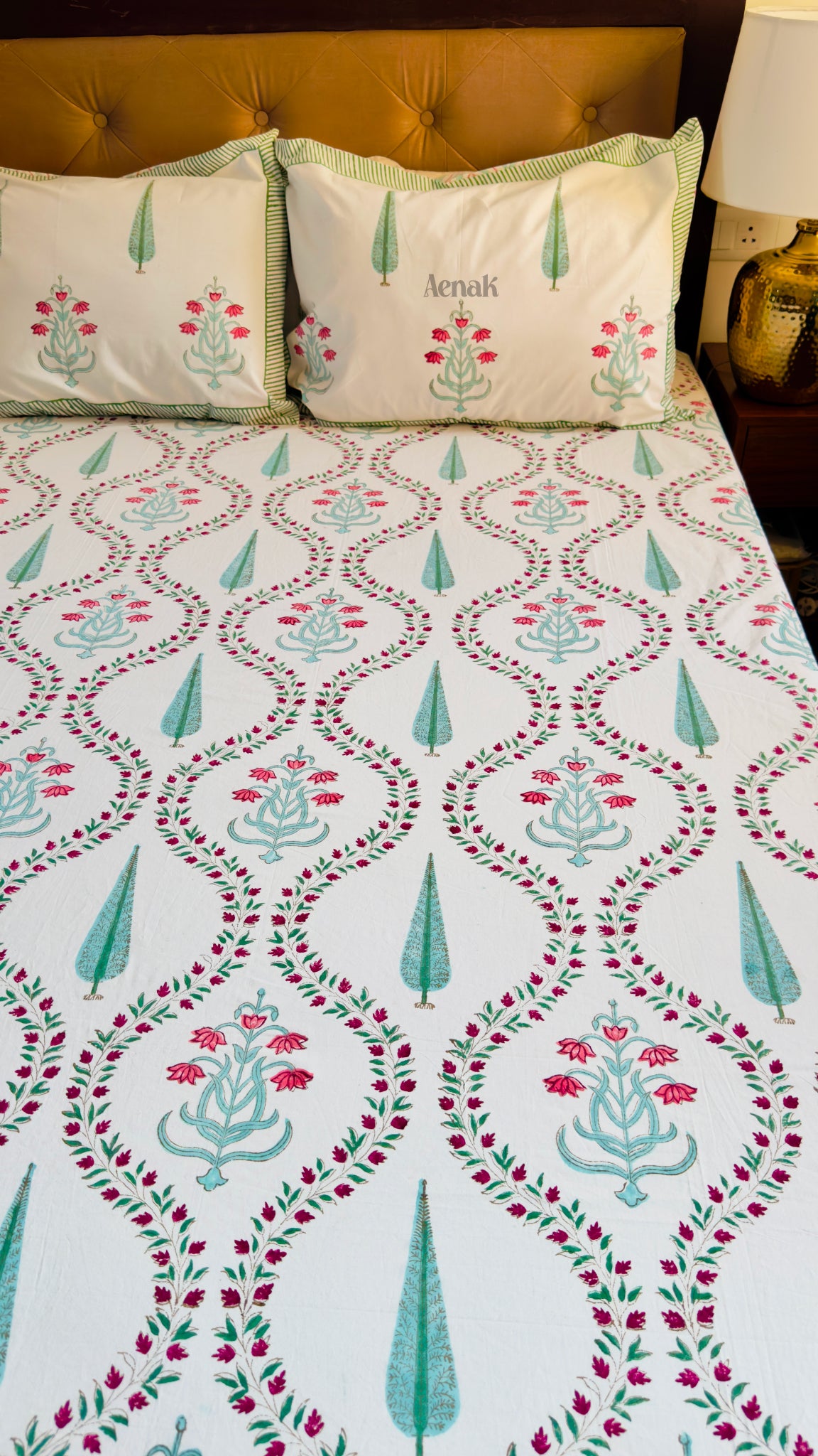 Teal Green Cypress Handblock Printed Premium Cotton Bedsheet