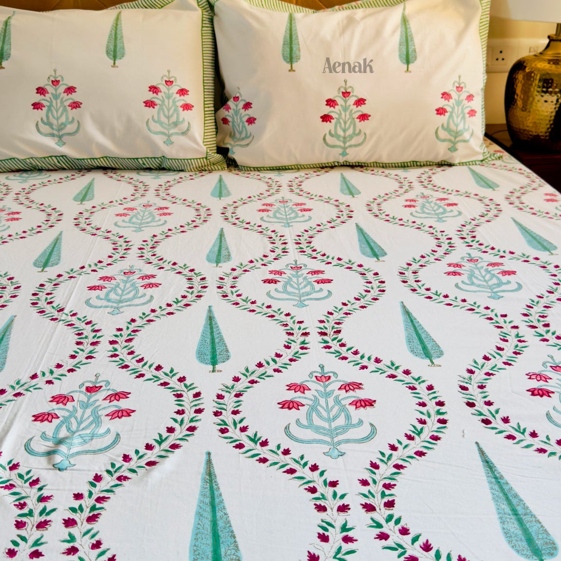 Teal Green Cypress Handblock Premium Cotton Bedsheet Set