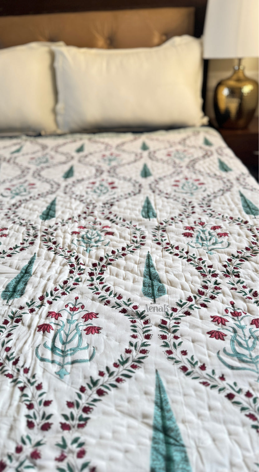 Teal Green Cypress Jaal Handblock Bedsheet + Quilt Combo